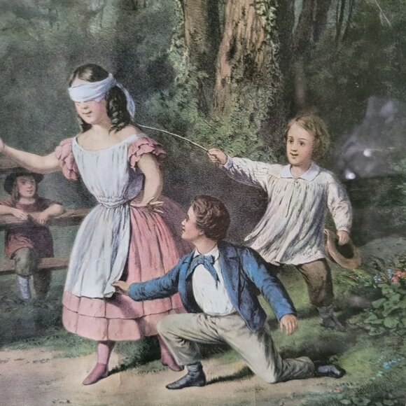 Vintage Framed "Blind Mans Bluff" Currier & Ives Print, Children and Dog Art - Picture 4 of 8